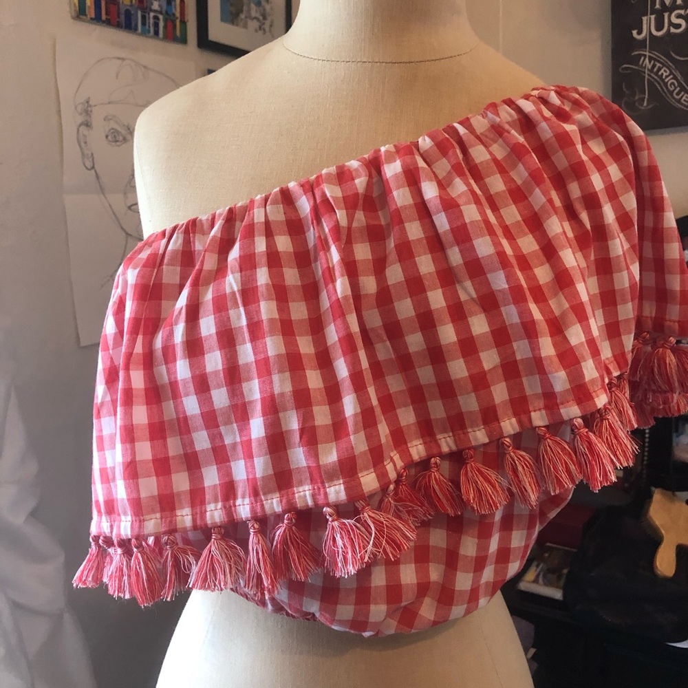 ♦️gingham print one shoulder crop top ♦️